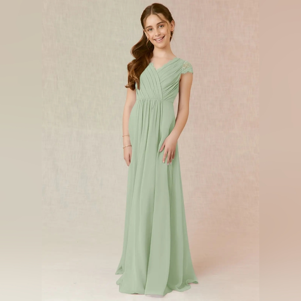 Flower Girl Bridesmaid Sage Green Lace Chiffon Dress